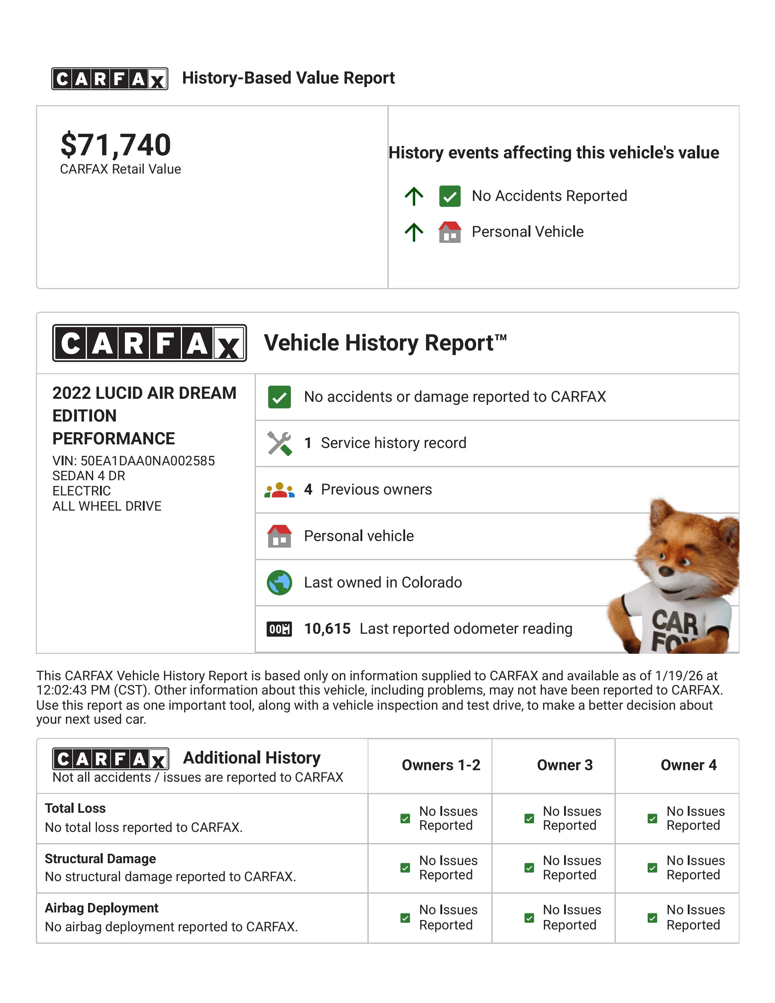 CARFAX Vehicle History Report for this 2022 LUCID AIR DREAM EDITION PERFORMANCE_ 50EA1DAA0NA0...webp