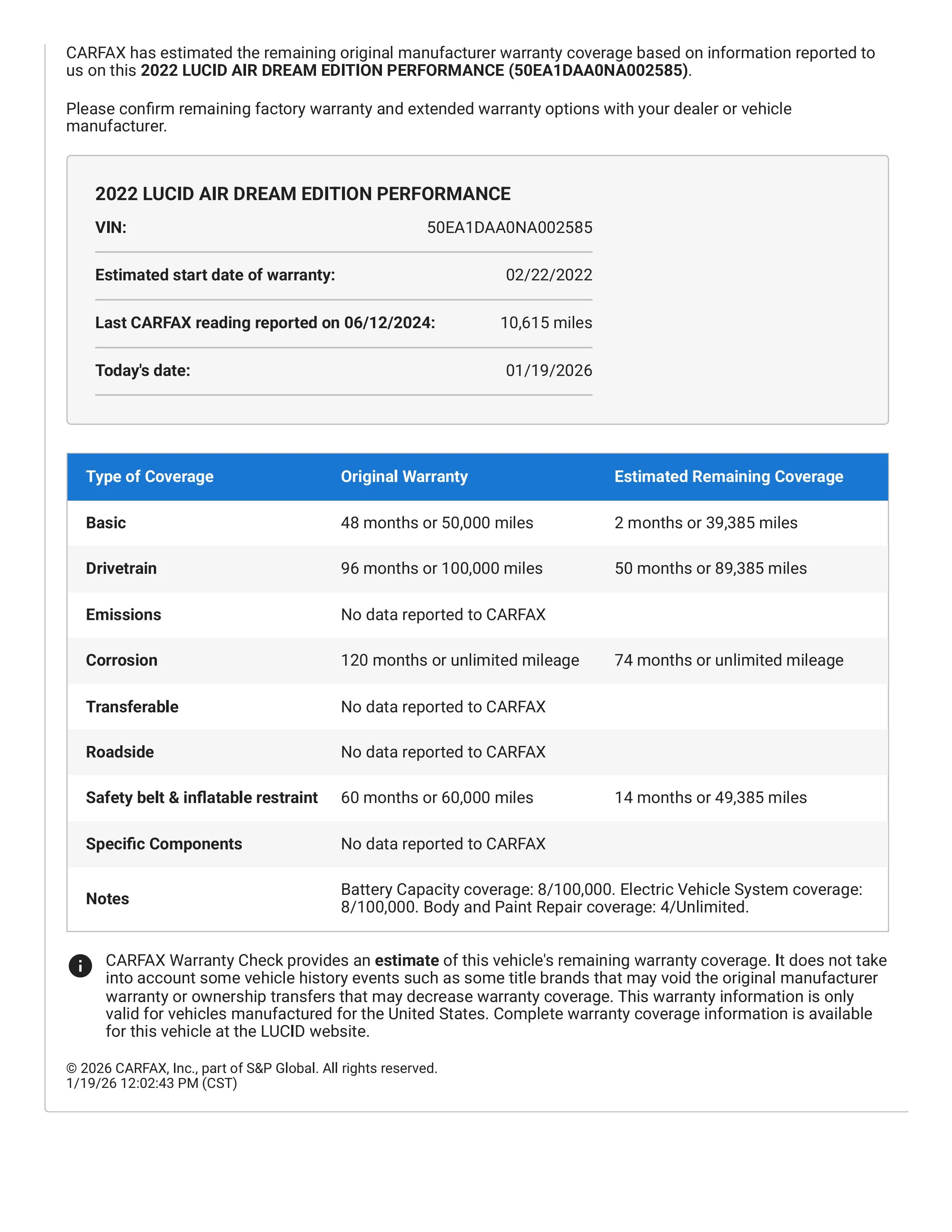 CARFAX Vehicle History Report for this 2022 LUCID AIR DREAM EDITION PERFORMANCE_ 50EA1DAA0NA0...webp
