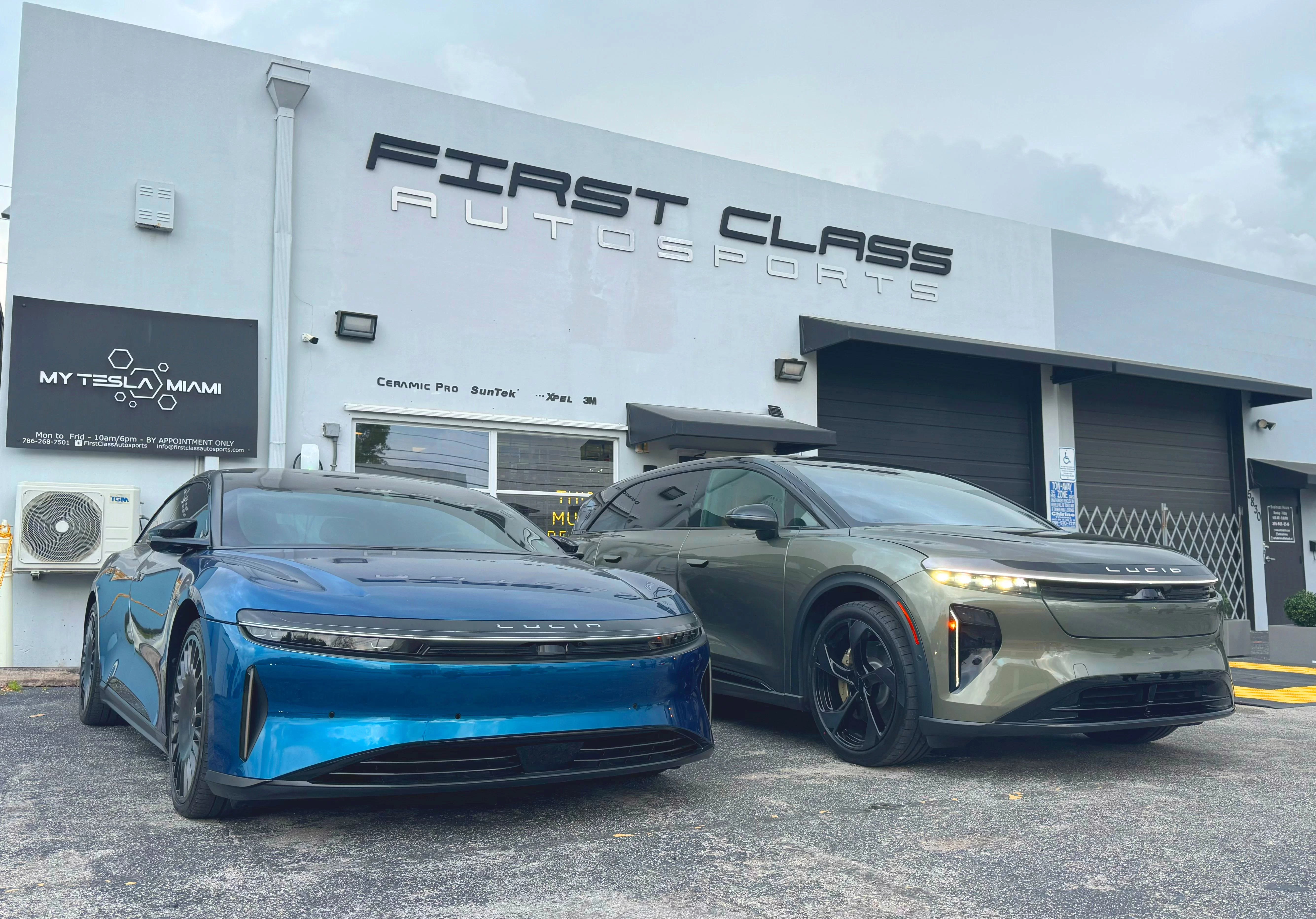 Lucid Air and Lucid Gravity outside My Lucid Miami powered by First Class Autosports