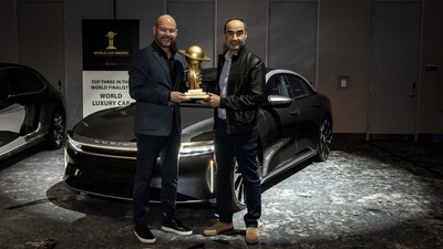 Lucid Air today was named the 2023 World Luxury Car of the Year in the prestigious 2023 World Car Awards, with Derek Jenkins, SVP of Design and Brand, and Dr. Emad Dlala, VP of Powertrain, accepting the award on behalf of Lucid. (PRNewsfoto/Lucid Group)